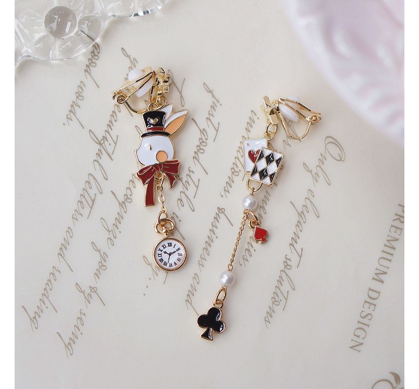 Rabbit Enamel Clip Asymmetrical Drop Poker / Earring On