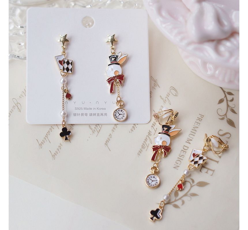 Rabbit Enamel Clip Asymmetrical Drop Poker / Earring On