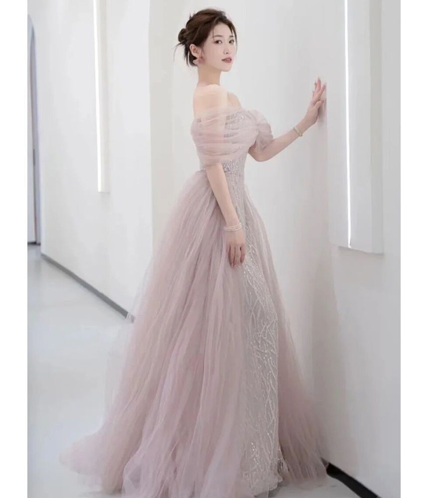 Off-Shoulder Evening Bow Gown Mesh A-Line Rhinestone Sequined