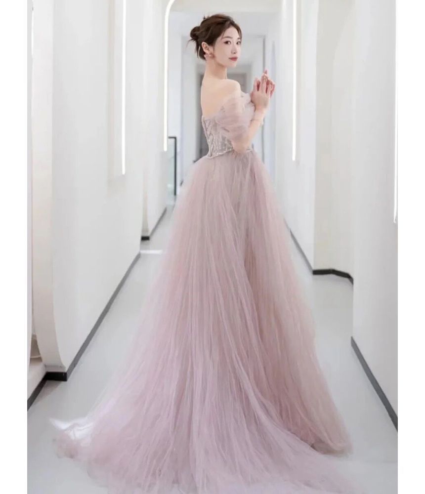 Off-Shoulder Evening Bow Gown Mesh A-Line Rhinestone Sequined