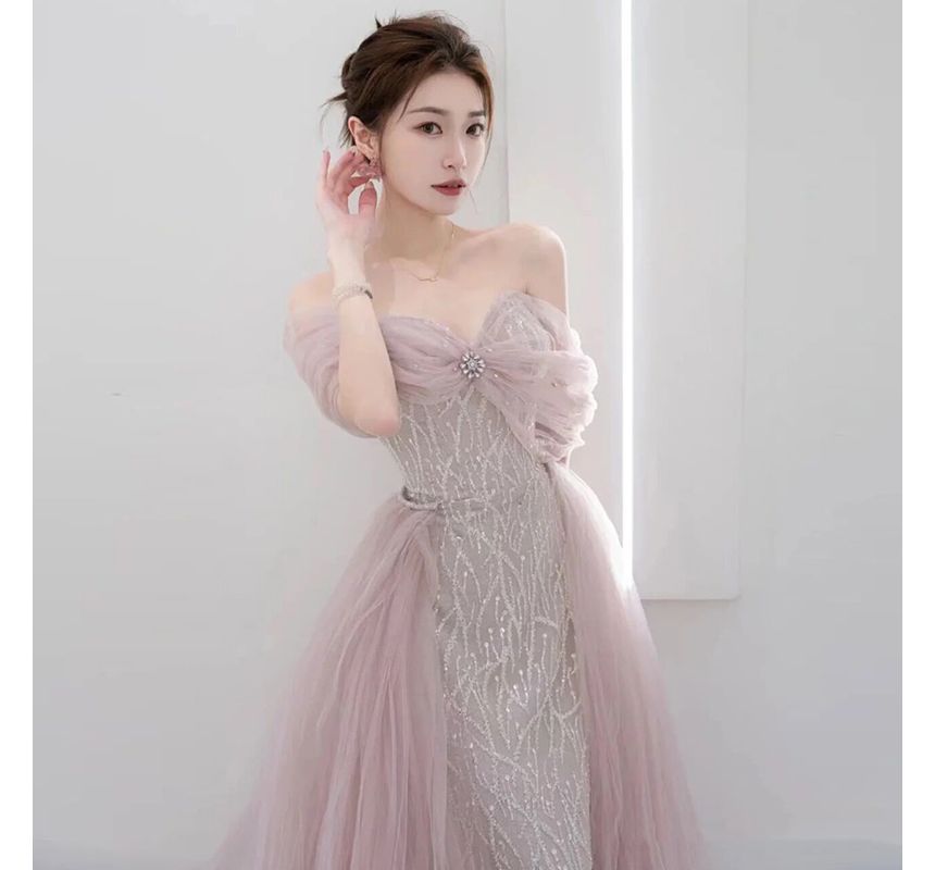 Off-Shoulder Evening Bow Gown Mesh A-Line Rhinestone Sequined