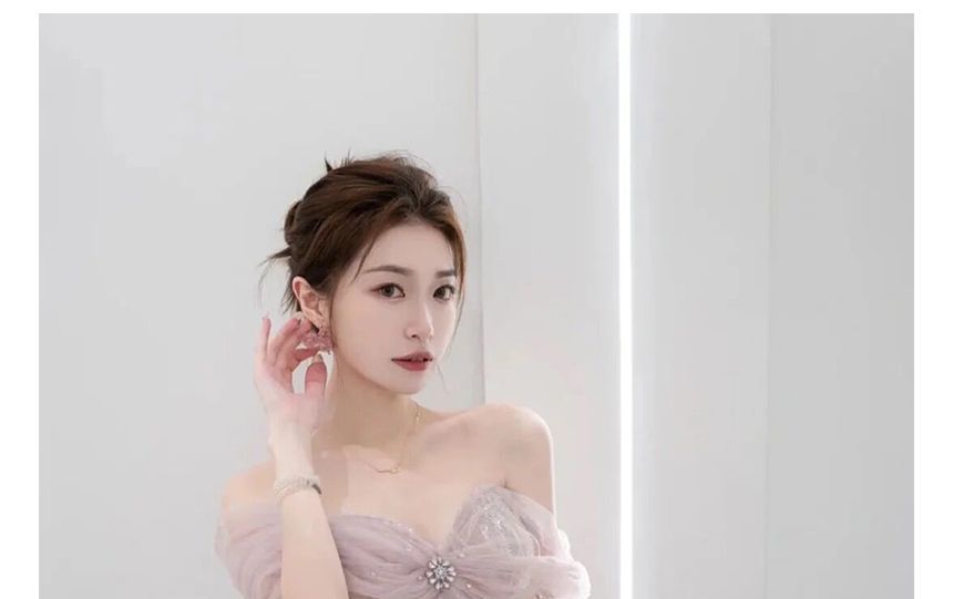 Off-Shoulder Evening Bow Gown Mesh A-Line Rhinestone Sequined