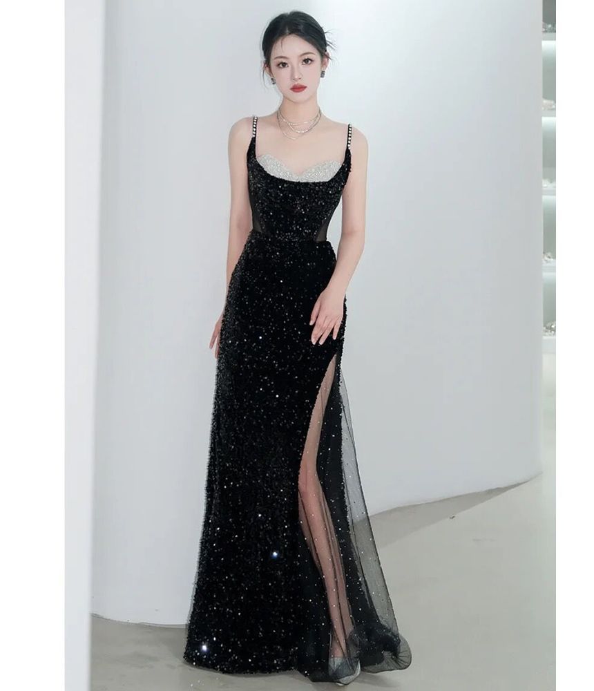 Gown Evening Strap Faux Sequined Pearl Mermaid Spaghetti Mesh Panel