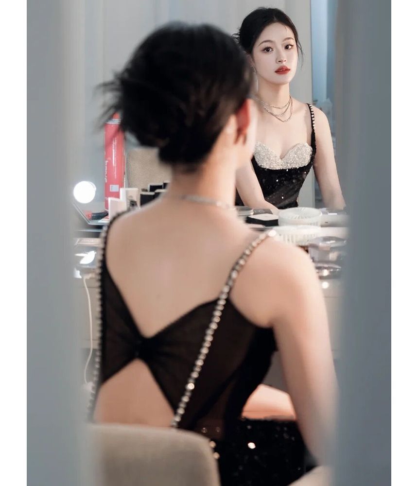 Gown Evening Strap Faux Sequined Pearl Mermaid Spaghetti Mesh Panel