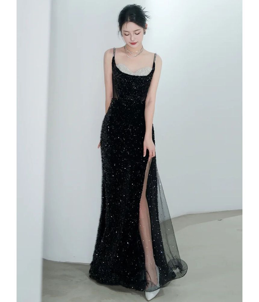 Gown Evening Strap Faux Sequined Pearl Mermaid Spaghetti Mesh Panel