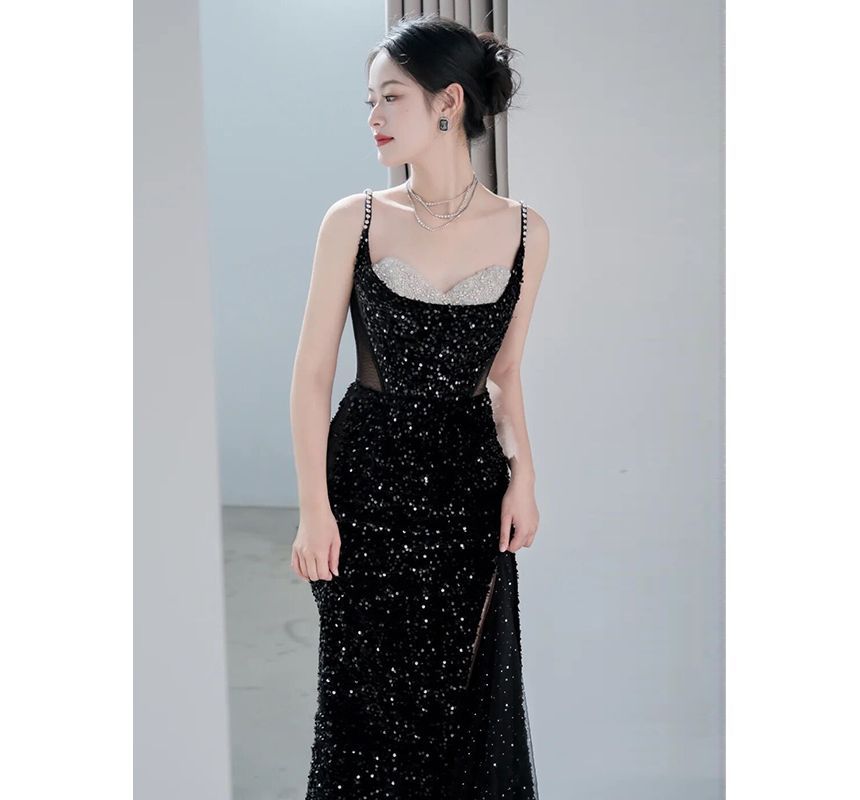 Gown Evening Strap Faux Sequined Pearl Mermaid Spaghetti Mesh Panel