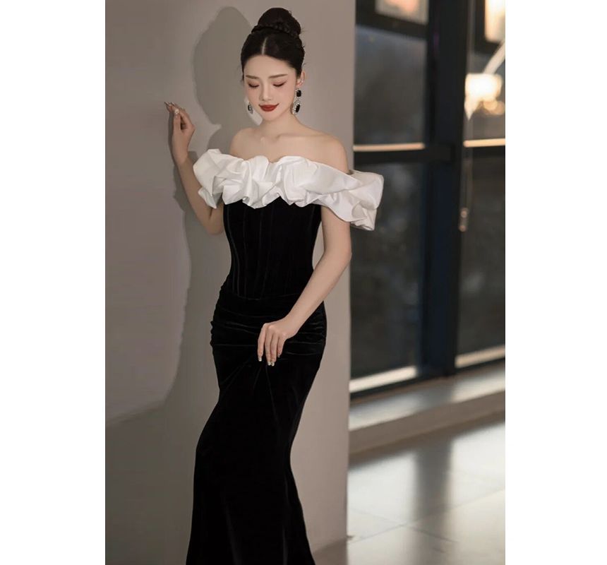 Gown two-Tone Ruffled Mermaid Velvet Off-Shoulder Evening