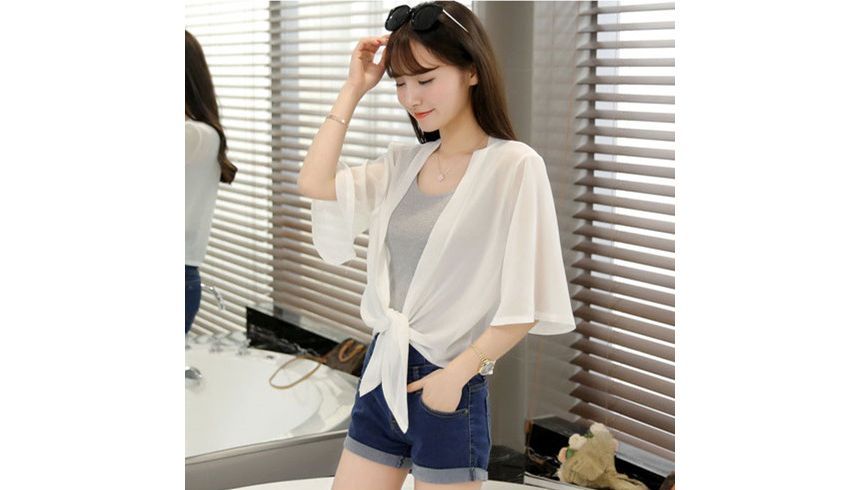 Tie Front Elbow-Sleeve Plain Chiffon Jacket Crop