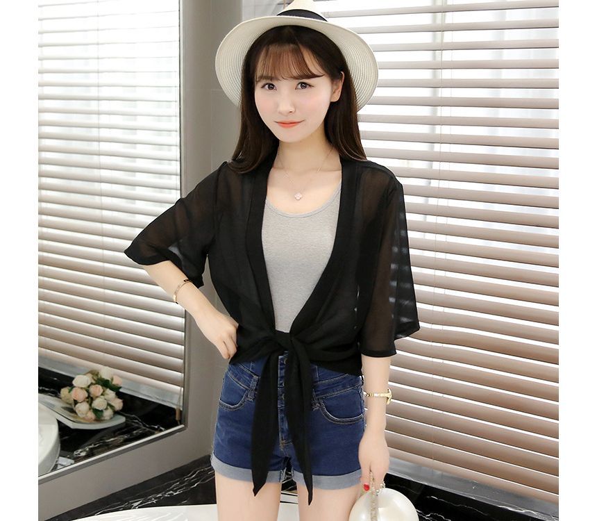 Tie Front Elbow-Sleeve Plain Chiffon Jacket Crop
