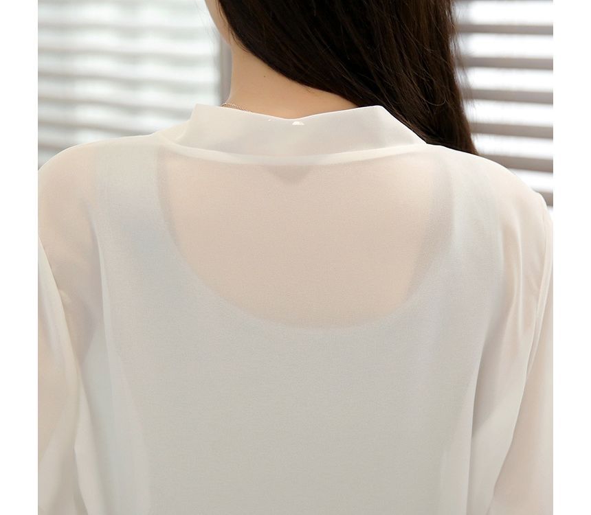 Tie Front Elbow-Sleeve Plain Chiffon Jacket Crop