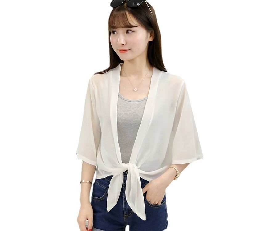 Tie Front Elbow-Sleeve Plain Chiffon Jacket Crop