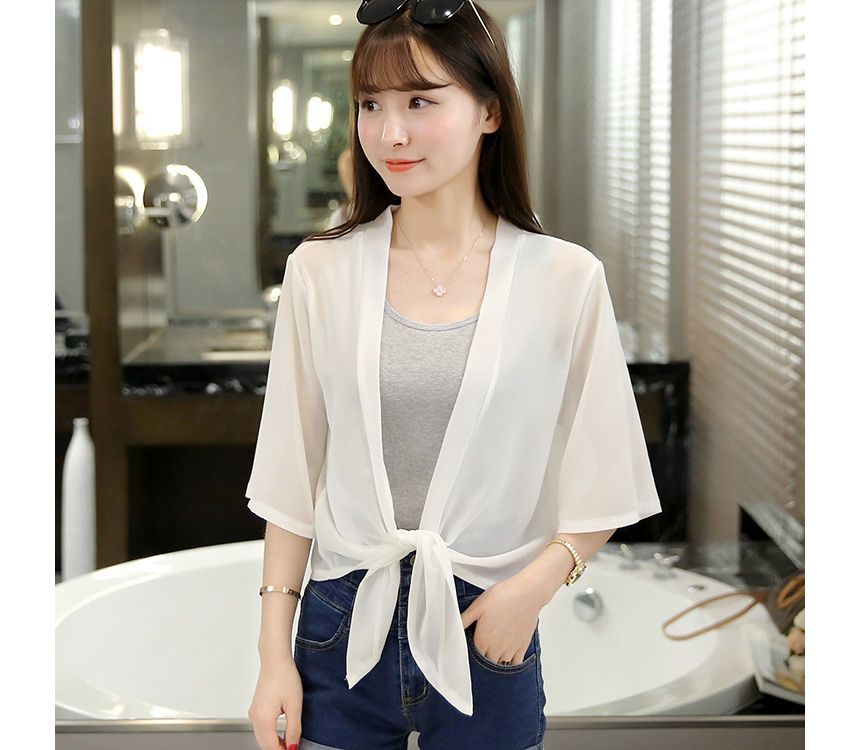 Tie Front Elbow-Sleeve Plain Chiffon Jacket Crop