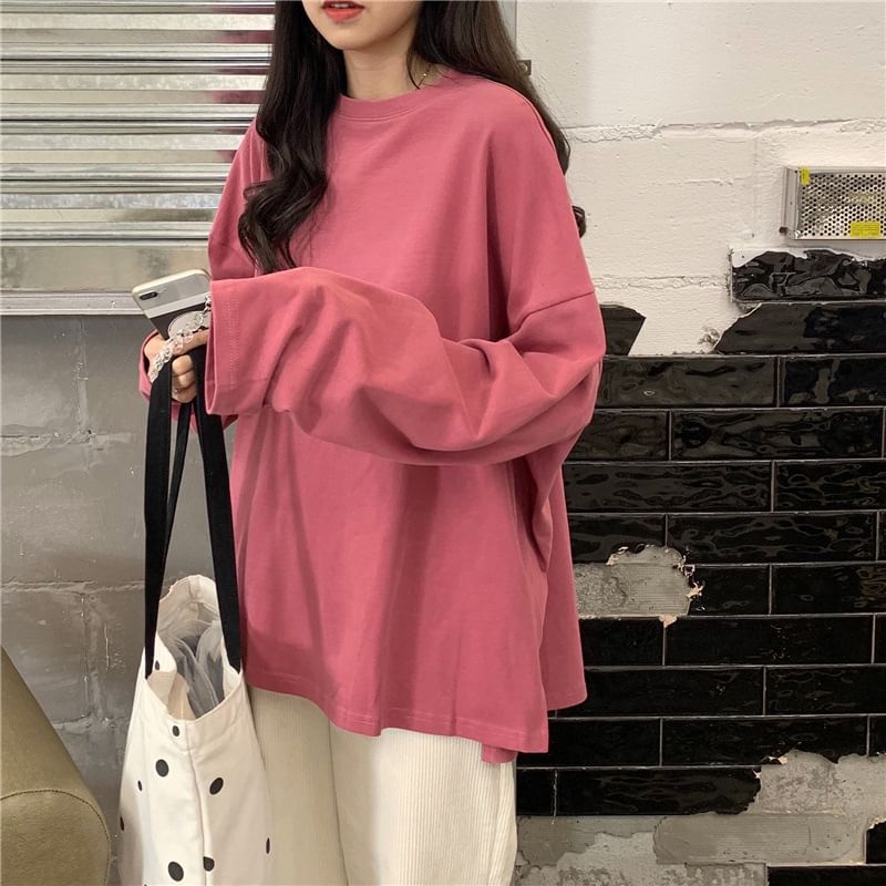 Slit Neck Plain Long-Sleeve T-Shirt Oversized Round