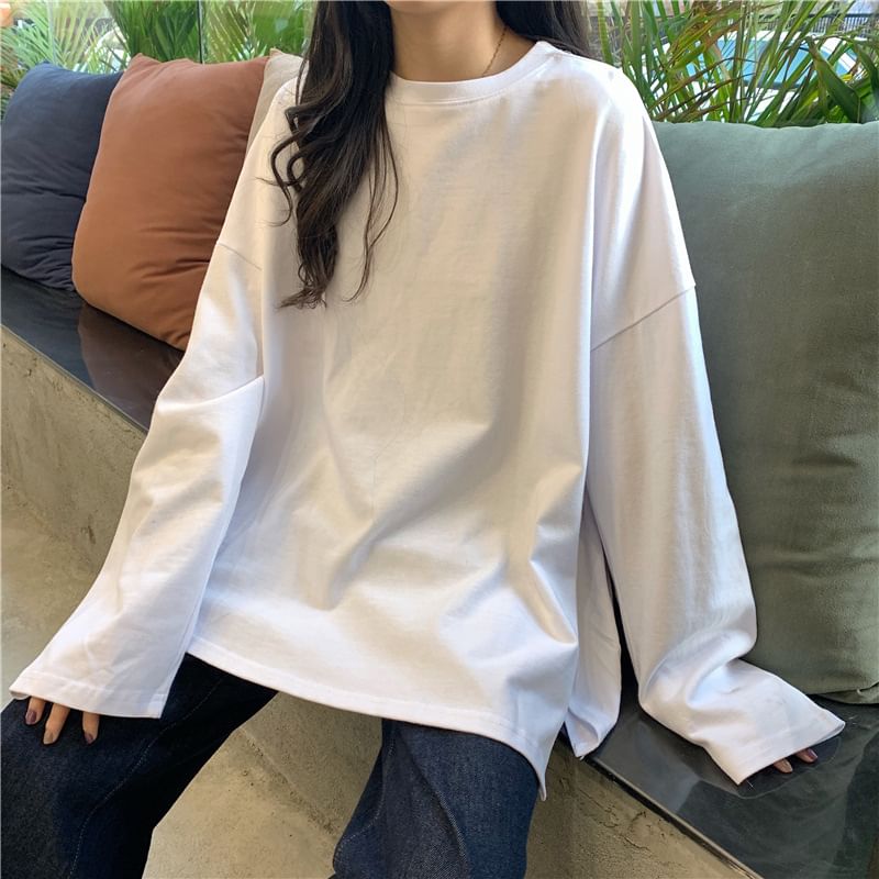 Slit Neck Plain Long-Sleeve T-Shirt Oversized Round