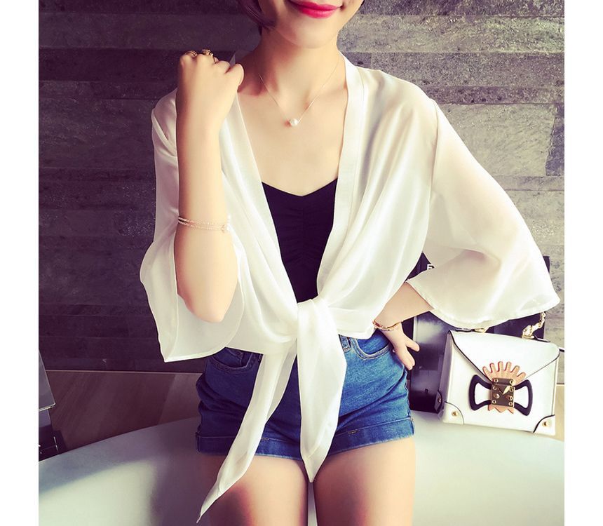 Elbow-Sleeve Jacket Front Crop Plain Chiffon Tie