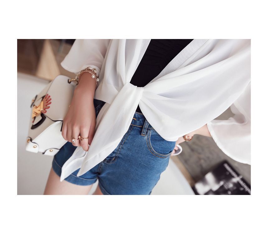 Elbow-Sleeve Jacket Front Crop Plain Chiffon Tie