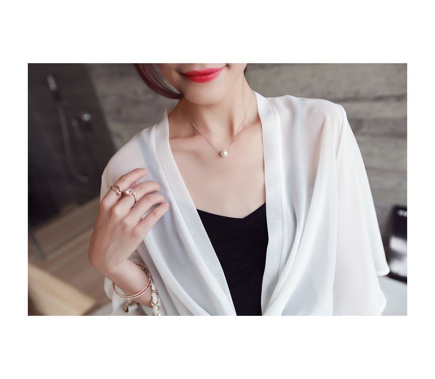 Elbow-Sleeve Jacket Front Crop Plain Chiffon Tie
