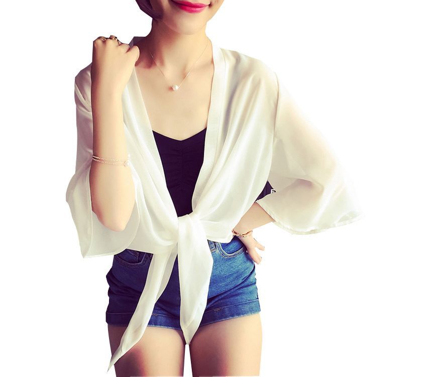 Elbow-Sleeve Jacket Front Crop Plain Chiffon Tie