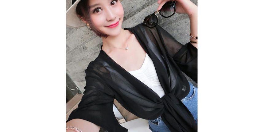Elbow-Sleeve Jacket Front Crop Plain Chiffon Tie