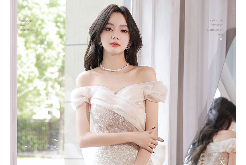 Glitter Evening Shoulder Gown A-Line Off