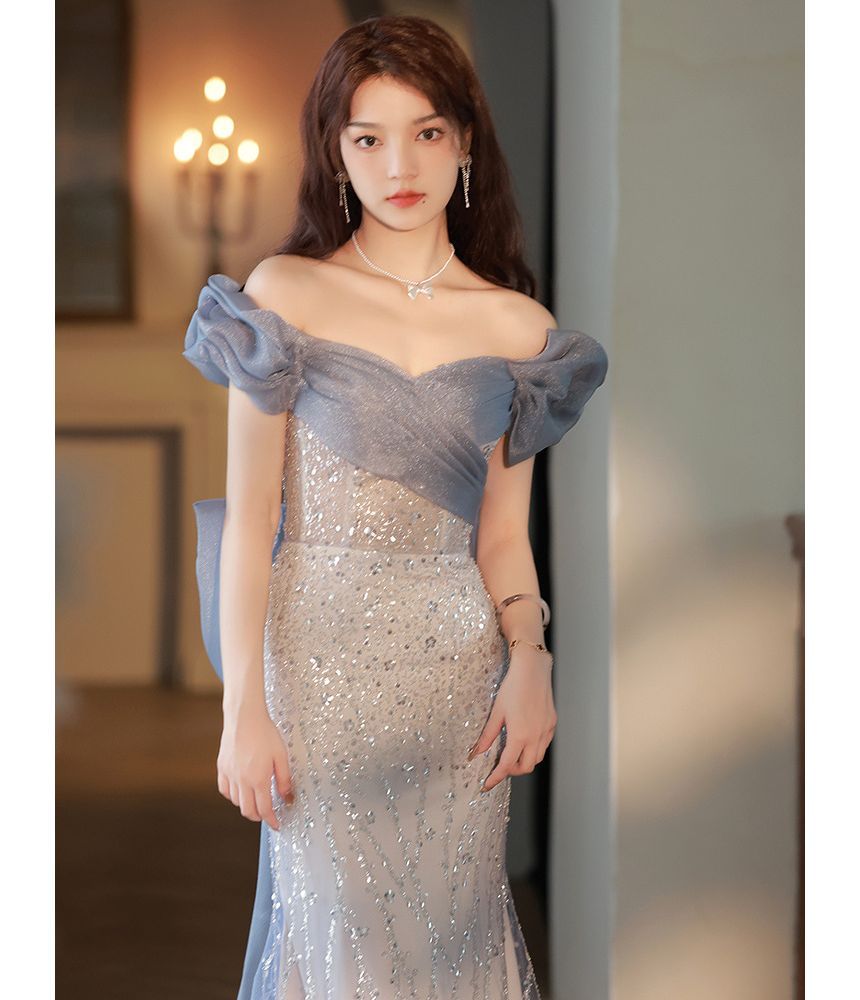 Trained Gown Evening Off Mesh Shoulder A-Line