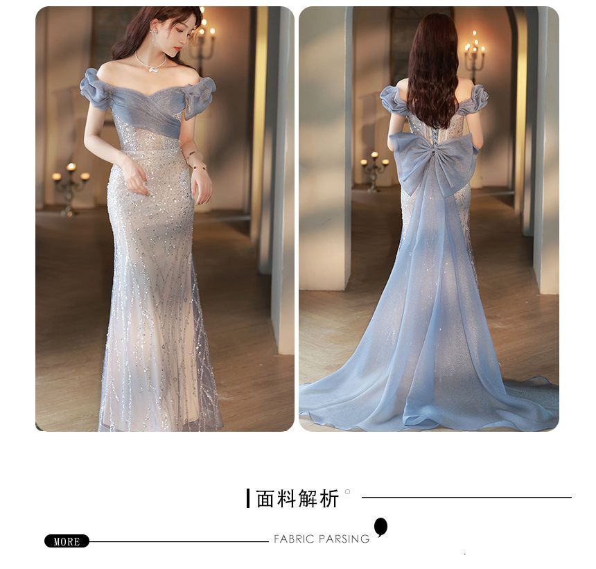 Trained Gown Evening Off Mesh Shoulder A-Line
