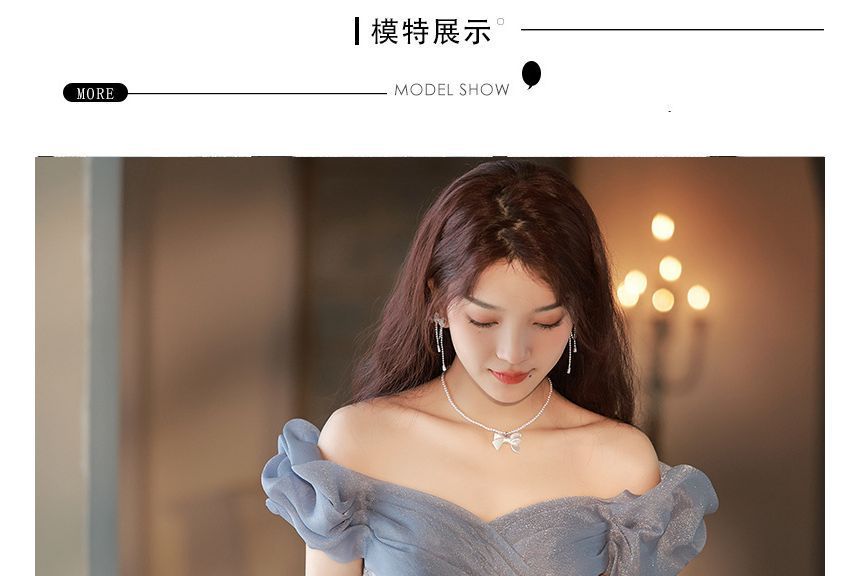 Trained Gown Evening Off Mesh Shoulder A-Line