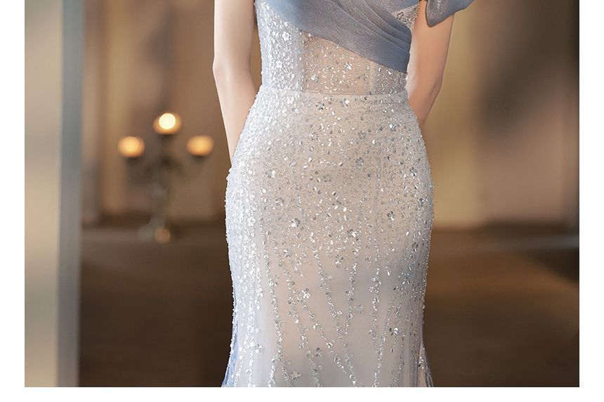 Trained Gown Evening Off Mesh Shoulder A-Line