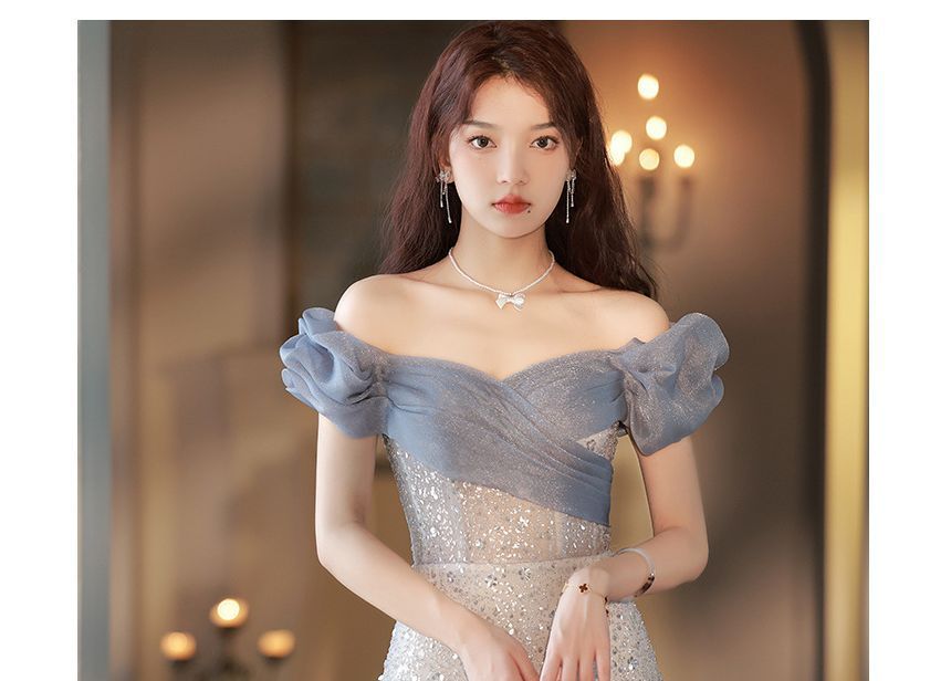 Trained Gown Evening Off Mesh Shoulder A-Line