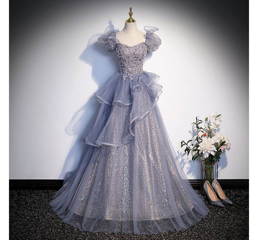 Gown Mesh Evening Sweetheart A-Line Neckline Cap-Sleeve