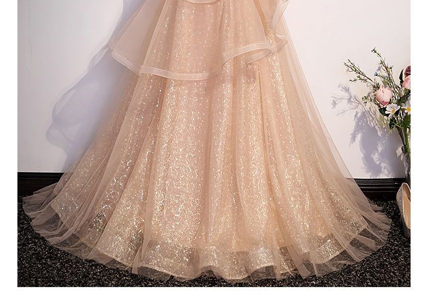 Gown Mesh Evening Sweetheart A-Line Neckline Cap-Sleeve