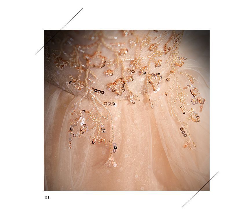 Gown Mesh Evening Sweetheart A-Line Neckline Cap-Sleeve