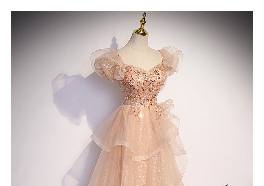 Gown Mesh Evening Sweetheart A-Line Neckline Cap-Sleeve