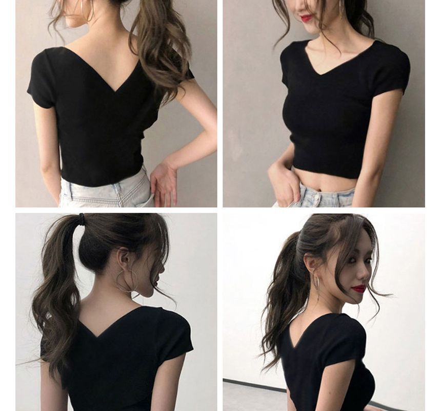T-Shirt V-Neck Plain Cropped Short-Sleeve