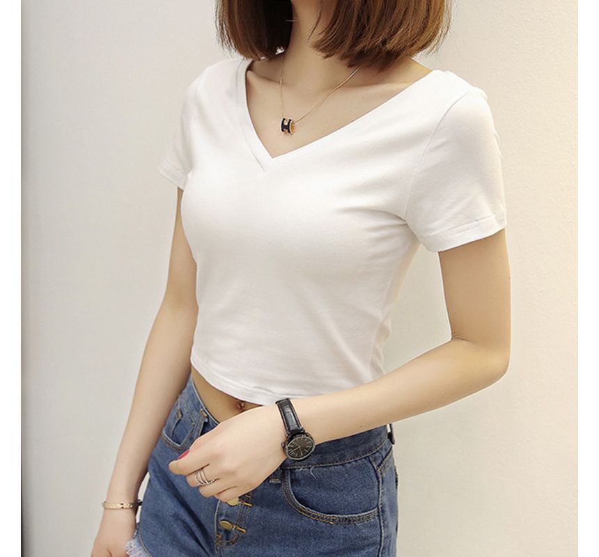 T-Shirt V-Neck Plain Cropped Short-Sleeve