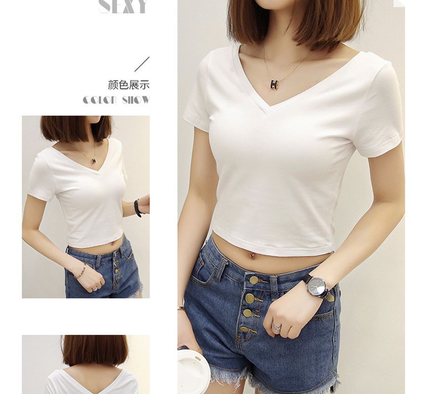 T-Shirt V-Neck Plain Cropped Short-Sleeve