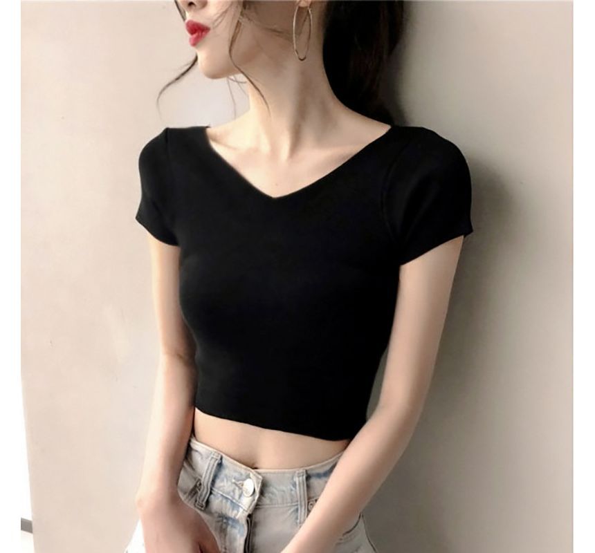 T-Shirt V-Neck Plain Cropped Short-Sleeve