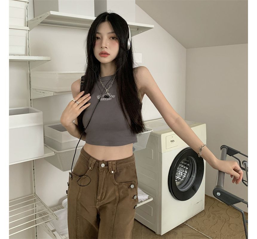 Neck Letter Tank Embroidered Crew Crop Top