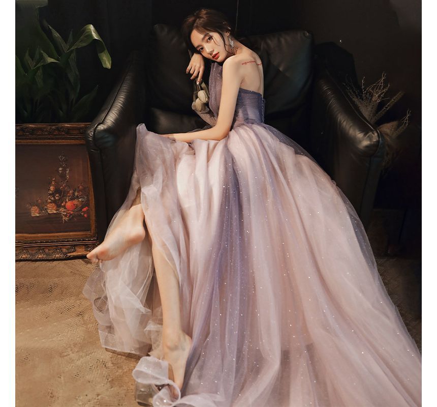 Evening Gradient / Midi Tube Mesh Ruched Gown A-Line Glitter