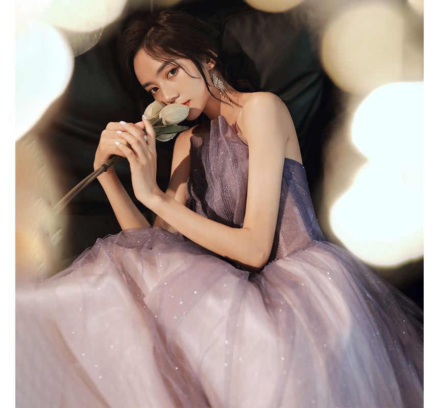 Evening Gradient / Midi Tube Mesh Ruched Gown A-Line Glitter