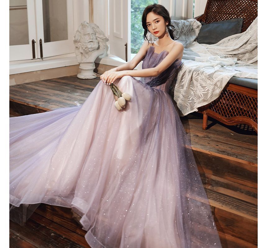 Evening Gradient / Midi Tube Mesh Ruched Gown A-Line Glitter