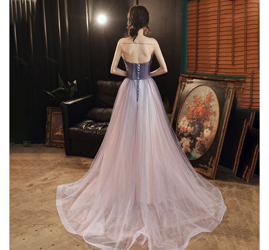 Evening Gradient / Midi Tube Mesh Ruched Gown A-Line Glitter