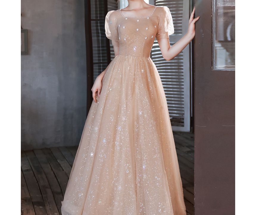 Pearl Neck Gown Short-Sleeve Mesh Evening Square Faux Glitter A-Line Trim Ruched