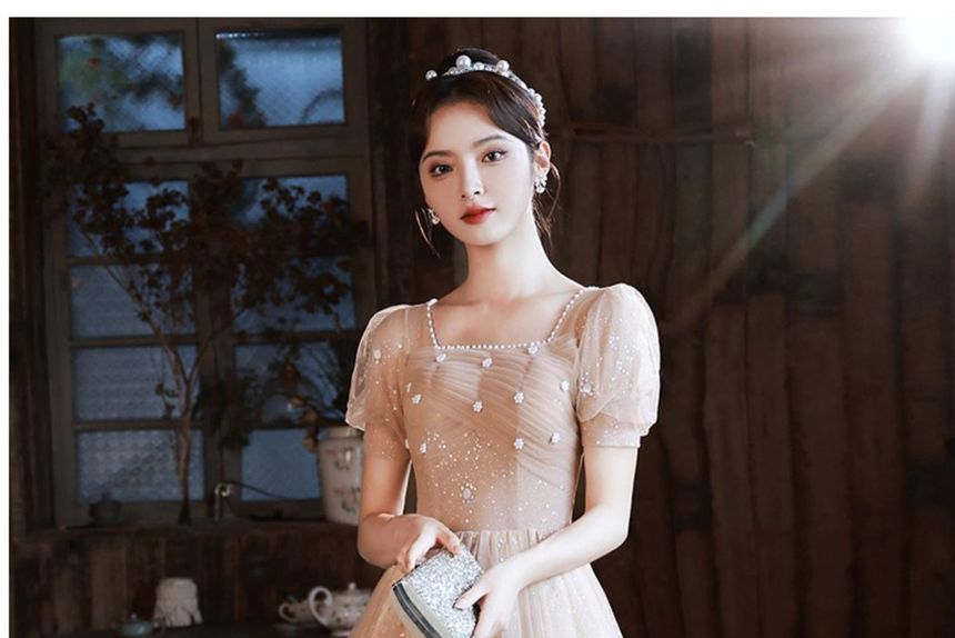 Pearl Neck Gown Short-Sleeve Mesh Evening Square Faux Glitter A-Line Trim Ruched