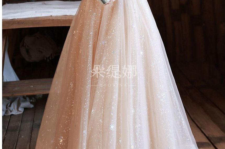 Pearl Neck Gown Short-Sleeve Mesh Evening Square Faux Glitter A-Line Trim Ruched