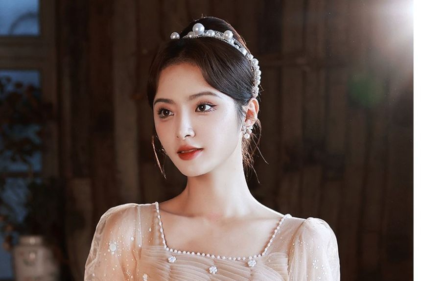 Pearl Neck Gown Short-Sleeve Mesh Evening Square Faux Glitter A-Line Trim Ruched