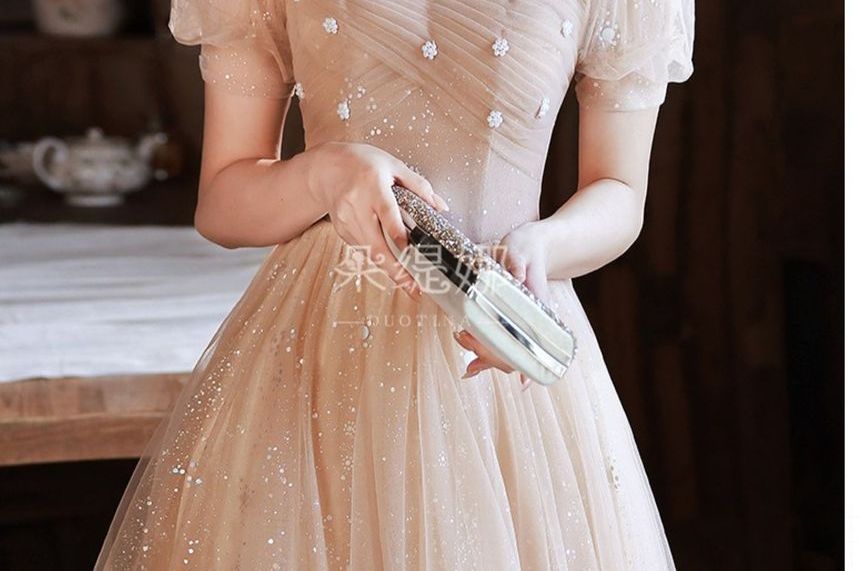 Pearl Neck Gown Short-Sleeve Mesh Evening Square Faux Glitter A-Line Trim Ruched