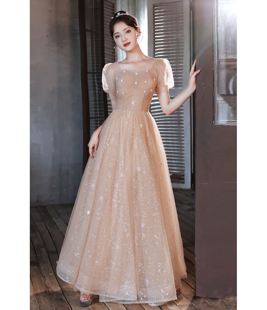 Pearl Neck Gown Short-Sleeve Mesh Evening Square Faux Glitter A-Line Trim Ruched