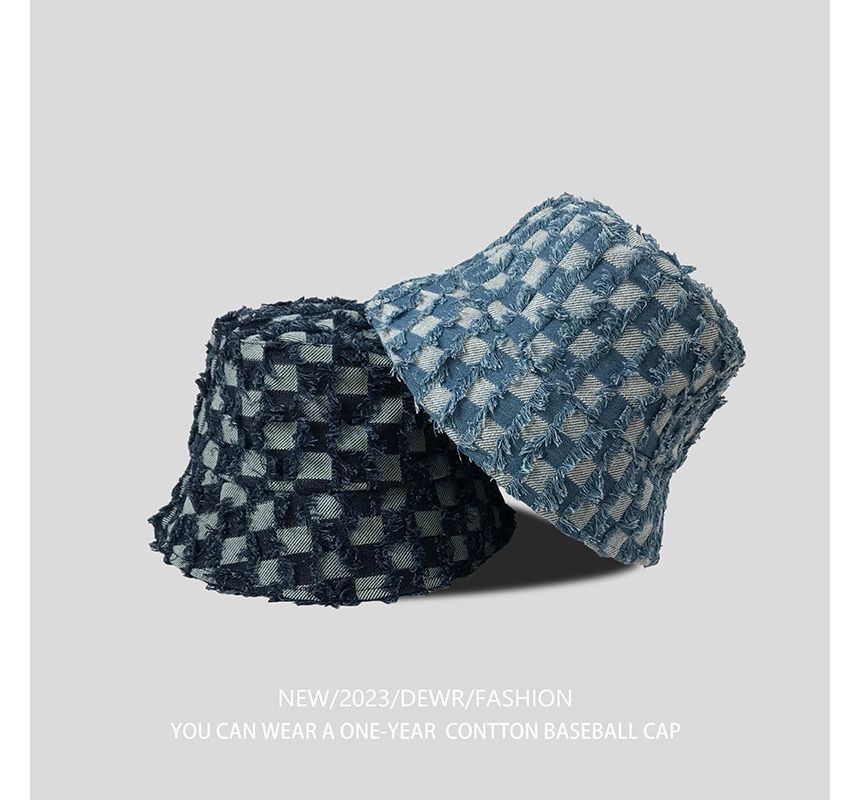 Hat Denim Checker Bucket Fringed