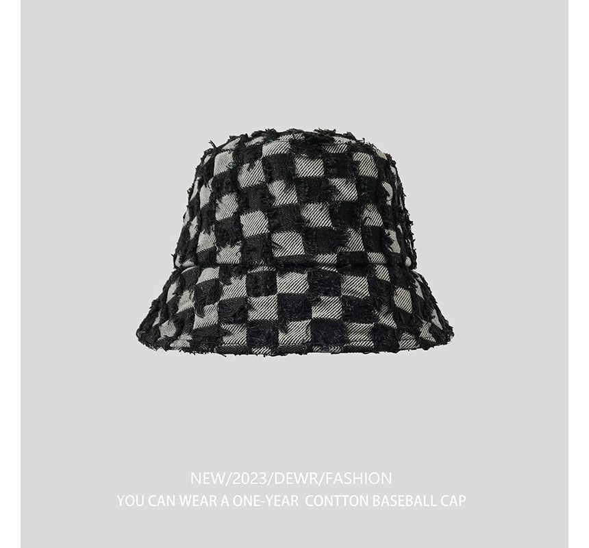 Hat Denim Checker Bucket Fringed